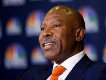 South Africa's Reserve Bank Governor Lesetja Kganyago speaks during a television interview at the World Economic Forum on Africa 2017 meeting in Durban, South Africa, May 4, 2017. PHOTO BY REUTERS/Rogan Ward