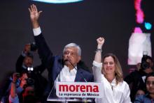 Presidential candidate Andres Manuel Lopez Obrador speaks next to his wife Beatriz Gutierrez Muller after winning the presidential election, in Mexico City, Mexico, July 2, 2018. PHOTO BY REUTERS/Alexandre Meneghini