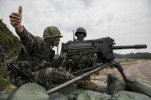 South Korean marines take part in a military exercise on South Korea's Baengnyeong Island, near the disputed sea border with the north, in this handout picture provided by South Korean Marine Corps and released by Yonhap, September 7, 2017. PHOTO BY REUTERS