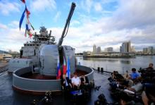 Russian Ambassador to the Philippines Igor Khovaev (L) and Rear Admiral Eduard Mikhailov (C), the deputy commander of Flotilla of Pacific Fleet of Russia, answer questions from the members of the media onboard the Russian Navy vessel,  in metro Manila, Philippines, January 4, 2017. PHOTO BY REUTERS/Romeo RanocoBy Karen Lema