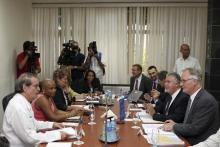 Christian Leffler (R), chief European negotiator for the EU-Cuba talks and Cuba's Deputy Foreign Minister Abelardo Moreno (L) attend a meeting at Cuba's foreign ministry in Havana, March 4, 2015. PHOTO BY REUTERS/Alejandro Ernesto