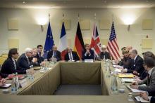 German Foreign Minister Frank Walter Steinmeier (2nd-L), US Secretary of Energy Ernest Moniz (C-L), US Secretary of State John Kerry (C), US Under Secretary for Political Affairs Wendy Sherman (C-R), and French Foreign Minister Laurent Fabius (R) wait for the start of a trilateral meeting at the Beau Rivage Palace Hotel in Lausanne, March 28, 2015. PHOTO BY REUTERS/Brendan Smialowski