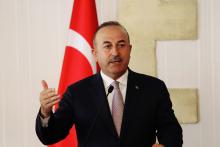 Turkey's Foreign Minister Mevlut Cavusoglu talks at a press conference during a visit in the Turkish Cypriot northern part of the divided city of Nicosia, Cyprus July 24,2018. REUTERS/Yiannis Kourtoglou