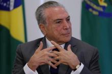 Brazil's President Michel Temer reacts during a ceremony at the Planalto Palace in Brasilia, Brazil, April 12, 2017. PHOTO BY REUTERS/Ueslei Marcelino