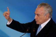 Brazil's President Michel Temer gestures during a inauguration ceremony of the new Minister of Justice, Torquato Jardim, at the Planalto Palace, in Brasilia, Brazil, May 31, 2017. PHOTO BY REUTERS/Ueslei Marcelino
