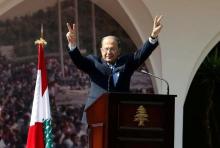Lebanese President Michel Aoun gestures to his supporters during an event celebrating his presidency, at the presidential palace in Baabda, near Beirut, Lebanon, November 6, 2016. PHOTO BY REUTERS/Mohamed Azakir