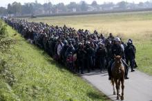 A mounted policeman leads a group of migrants near Dobova, Slovenia, October 20, 2015. PHOTO BY REUTERS/Srdjan Zivulovic