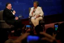 U.S. Secretary of State Mike Pompeo speaks with Heritage Foundation President Kay Coles James after his remarks on the Trump administration's Iran policy at the Heritage Foundation in Washington, May 21, 2018. PHOTO BY REUTERS/Jonathan Ernst