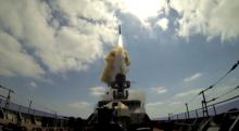 A still image, taken from video footage and released by Russia's Defence Ministry on August 19, 2016, shows a rocket being launched from a Russian corvette in the Mediterranean Sea at Jabhat Fateh al-Sham militant targets in Syria, according to the ministry. PHOTO BY REUTERS