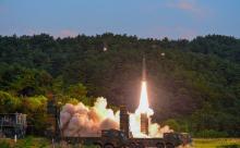 South Korean troops fire Hyunmoo Missile into the waters of the East Sea at a military exercise in South Korea, September 4, 2017. PHOTO BY Defense Ministry/Yonhap