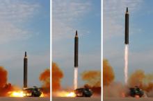 North Korean leader Kim Jong Un (not pictured) guides the launch of a Hwasong-12 missile in this undated combination photo released by North Korea's Korean Central News Agency (KCNA) on September 16, 2017. PHOTO BY REUTERS/KCNA