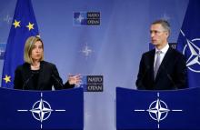 European Union foreign policy chief Federica Mogherini and NATO Secretary-General Jens Stoltenberg address a joint news conference during a NATO foreign ministers meeting at the Alliance headquarters in Brussels, Belgium, December 6, 2016. PHOTO BY REUTERS/Francois Lenoir