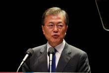 South Korean President Moon Jae-In, delivers a speech during celebrations of the 72th anniversary of Korea's Independence Day from Japanese colonial rule in 1945 in Seoul, South Korea, August 15, 2017. PHOTO BY REUTERS/Jeon Heon-Kyun