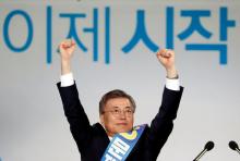 Moon Jae-in reacts after winning the nomination as a presidential candidate of the Minjoo Party, during a national convention, in Seoul, South Korea, April 3, 2017. PHOTO BY REUTERS/Kim Hong-Ji
