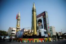 A display featuring missiles and a portrait of Iran's Supreme Leader Ayatollah Ali Khamenei is seen at Baharestan Square in Tehran, Iran, September 27, 2017. PHOTO BY/REUTERS/Nazanin Tabatabaee Yazdi/TIMA