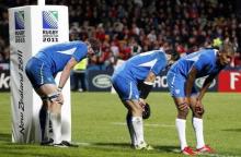 Namibia players react after losing their Rugby World Cup Pool D match against Wales at Stadium Taranaki in New Plymouth, September 26, 2011. PHOTO BY REUTERS/Nigel Marple