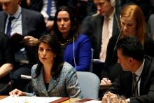 United States Ambassador to the United Nations Nikki Haley addresses the U.N. Security Council on Syria during a meeting of the Council at U.N. headquarters in New York, U.S., March 12, 2018. PHOTO BY REUTERS/Mike Segar