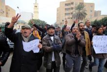 Unemployed protesters shout slogans during a demonstration demanding the government provide them with job opportunities, as Tunisia marks the sixth anniversary of Tunisia's 2011 revolution, in Sidi Bouzid, Tunisia, January 14, 2017. PHOTO BY REUTERS/Amine Ben Aziza