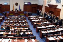 A group of opposition members of VMRO-DPMNE stand to boycott the vote as Macedonian parliament passes constitutional changes to allow the Balkan country to change its name to the Republic of North Macedonia, in Skopje, Macedonia, October 19, 2018. PHOTO BY REUTERS/Tomislav Georgiev