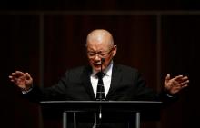 Pastor Hyeon Soo Lim, who returned to Canada from North Korea after the DPRK released Lim on August 9, after being held for 31 months, offers benediction at the Light Presbyterian Church in Mississauga, Ontario, Canada, August 13, 2017. PHOTO BY REUTERS/Mark Blinch