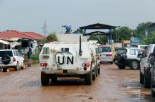 Chinese Peacekeepers in the United Nations Mission to South Sudan (UNMISS) ride in their armoured personnel carriers (APC) as they wait in the queue to enter their base in Juba, South Sudan, August 1, 2017. PHOTO BY REUTERS/Samir Bol