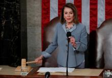 U.S. House Speaker Nancy Pelosi (D-CA) gavels the close of a joint meeting of Congress following NATO Secretary General Jens Stoltenberg's address inside the House Chamber on Capitol Hill in Washington, U.S., April 3, 2019. PHOTO BY REUTERS/Carlos Barria