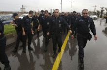 Algeria police officers march during a protest in Algiers
