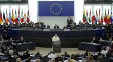 Pope Francis delivers his speech at the European Parliament in Strasbourg, during a short visit at the European Parliament and the Council of Europe, eastern France, November 25, 2014. PHOTO BY REUTERS/Remy de la Mauviniere