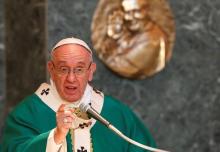 Pope Francis speaks as he celebrates mass during a visit to the parish of St. Mary Josefa of the Heart of Jesus in Rome, Italy, February 19, 2017. PHOTO BY REUTERS/Remo Casilli