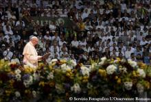 Pope Francis participates in an activity for priests, religious members and their families at La Macarena stadium in Medellin, Colombia, September 9, 2017. PHOTO BY REUTERS/Osservatore Romano
