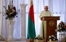 Pope Francis gives a speech during his meeting with government authorities, leaders of civil society and the diplomatic corps in the Ceremony Building in Antananarivo, Madagascar, September 7, 2019. PHOTO BY REUTERS/Yara Nardi
