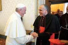 Pope Francis shakes hands with Cardinal Daniel DiNardo, Archbishop of Galveston-Houston, as he arrives with other U.S. Catholic Church leaders at the Vatican, September 13, 2018. PHOTO BY REUTERS/Vatican Media