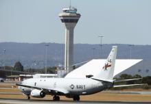 A U.S. Navy Poseidon P8 maritime surveillance aircraft takes off from Perth International Airport