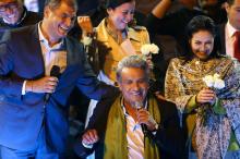 Ecuadorean presidential candidate Lenin Moreno (C) celebrates alongside Ecuadorean President Rafael Correa (L) and his wife Rocio Gonzalez during a national election day in a hotel, in Quito, April 2, 2017. PHOTO BY REUTERS/Mariana Bazo