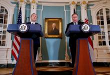 U.S. Secretary of State Mike Pompeo meets with Georgia's Prime Minister Giorgi Kvirikashvili and delivers remarks at their Georgia Strategic Partnership meeting at the State Department in Washington, U.S., May 21, 2018. PHOTO BY REUTERS/Leah Millis