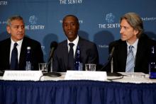 Actors George Clooney (L-R) and Don Cheadle and The Sentry Co-founder John Prendergast discuss The Sentry's investigation of the role of national corruption in the ongoing humanitarian crisis in South Sudan during a news conference at the National Press Club in Washington, U.S., September 12, 2016. PHOTO BY REUTERS/Jonathan Ernst