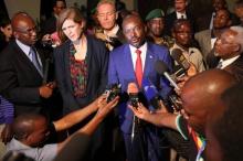 U.S. Ambassador to the United Nations, Samantha Power, and Burundian President Pierre Nkurunziza (C) speak to the press in Gitega, Burundi, January 22, 2016. PHOTO BY REUTERS/Michelle Nichols