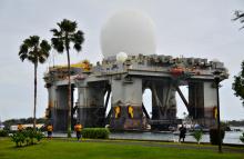 The Sea-based, X-band Radar (SBX 1), a combination of the world's largest phased-array X-band radar carried aboard a mobile, ocean-going semi-submersible oil platform, transits the waters of Joint Base Pearl Harbor-Hickam, Hawaii, U.S., March 22, 2013. PHOTO BY REUTERS/Courtesy Daniel Barker/U.S. Navy