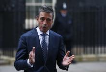 Secretary General of NATO Anders Fogh Rasmussen speaks to media after meeting Britain's Prime Minister David Cameron at 10 Downing Street, in central London
