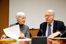 Paulo Pinheiro, Chairperson of the Commission of Inquiry on Syria (R), arrives with Karen Abuzayd, member of the Commission before the launch of their report on sexual and gender-based violence in Syria at the United Nations office in Geneva, Switzerland, March 15, 2018. PHOTO BY REUTERS/Denis Balibouse