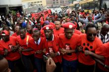 Ugandan musician turned politician, Robert Kyagulanyi (C) leads activists during a demonstration against new taxes including a levy on access to social media platforms in Kampala, Uganda July 11, 2018. PHOTO BY REUTERS/Newton Nambwaya