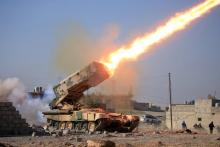 Iraqi army launch a rocket towards Islamic State militants during a battle with Islamic State militants near Ghozlani military complex, south of Mosul, Iraq, February 23, 2017. PHOTO BY REUTERS/Alaa Al-Marjani