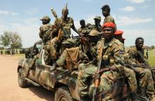 Sudan People's Liberation Army (SPLA) forces patrol the camp of Lalo following heavy fighting over the weekend that killed dozens of people, close to Malakal, South Sudan, October 16, 2016. PHOTO BY REUTERS/Jok Solomon