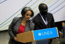 Sahle-Work Zewde, director-general of the United Nations Office at Nairobi, prepares to address delegates attending the first United Nations Environment Assembly (UNEA) in Nairobi, Kenya, June 23, 2014. PHOTO BY REUTERS/Noor Khamis