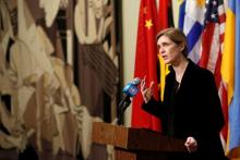 United States Ambassador to the United Nations Samantha Power addresses media at the United Nations in Manhattan, New York City, U.S., December 19, 2016. PHOTO BY REUTERS/Andrew Kelly