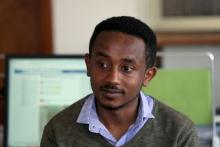 Ethiopian Samson Berhane, 27, speaks during an interview with Reuters regarding the Ethiopian Prime Minister Abiy Ahmed winning the Nobel Peace Prize. PHOTO BY REUTERS/Tiksa Negeri