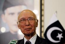 Advisor to Pakistan's Prime Minister on National Security and Foreign Affairs Sartaj Aziz listens to a question during a news conference with Iranian Foreign Minister Javad Zarif at the Foreign Ministry in Islamabad, April 8, 2015. PHOTO BY REUTERS/Caren Firouz