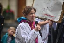 Julia Steinberger, an ecological economist at Britain's University of Leeds, endorses mass civil disobedience to pressure governments to tackle climate change at a protest at London's Science Museum, Britain, October 12, 2019. PHOTO BY REUTERS/Louise Jasper
