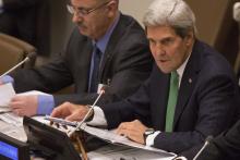 Secretary of State John Kerry speaks during a meeting of the Ad Hoc Committee for the coordination mechanism for development assistance to the Palestinian people
