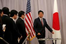 Japanese Prime Minister Shinzo Abe addresses media following a meeting with President-elect Donald Trump in Manhattan, New York, U.S., November 17, 2016. PHOTO BY REUTERS/Andrew Kelly